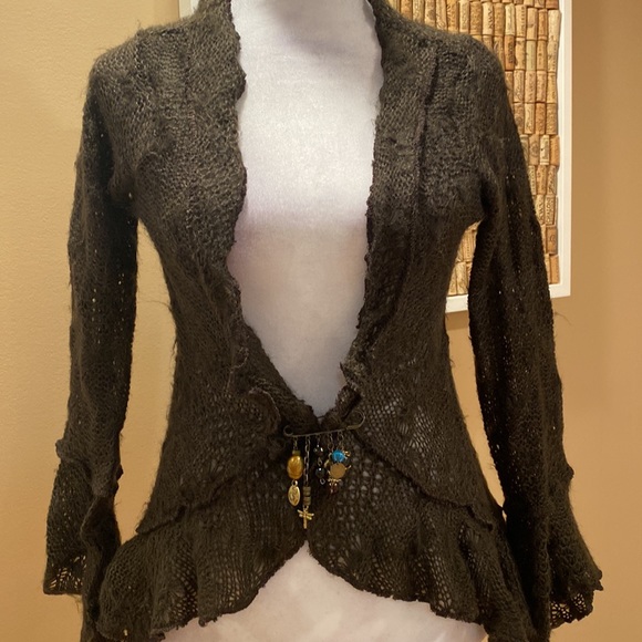 Le Chat Paris Soft Black Mohair Open Knit Sweater, Detailed Pin, Bell Sleeves - Picture 4 of 16